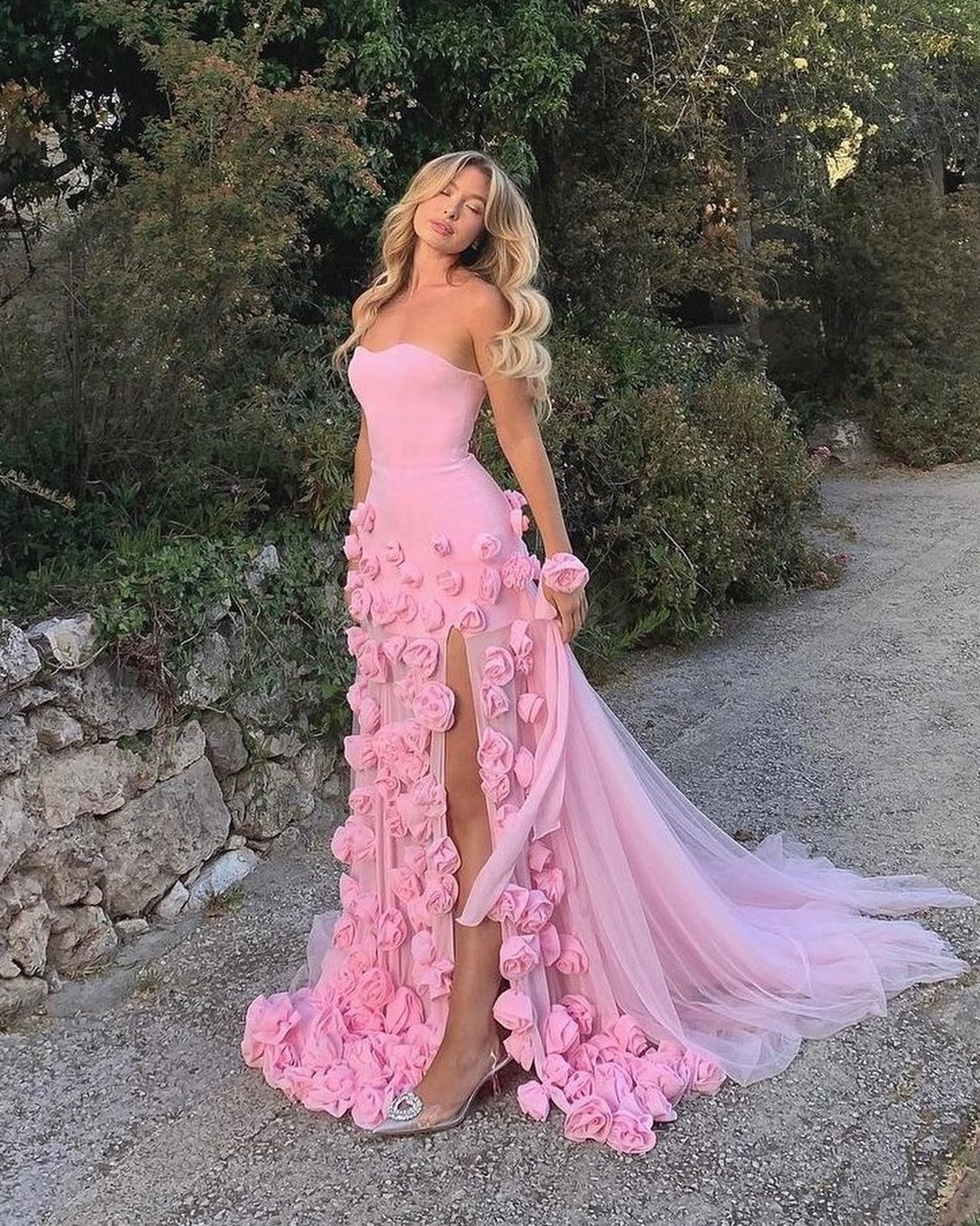 Pink Strapless 3D Flower Tulle Mermaid Long Prom Dress with Slit,DP1479