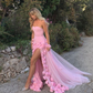 Pink Strapless 3D Flower Tulle Mermaid Long Prom Dress with Slit,DP1479