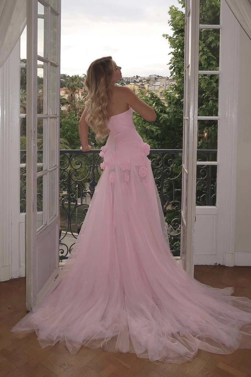 Pink Strapless 3D Flower Tulle Mermaid Long Prom Dress with Slit,DP1479