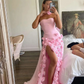 Pink Strapless 3D Flower Tulle Mermaid Long Prom Dress with Slit,DP1479