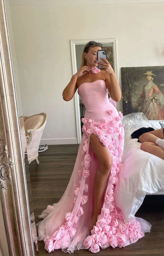 Pink Strapless 3D Flower Tulle Mermaid Long Prom Dress with Slit,DP1479