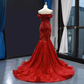 Red Off Shoulder Embroidery Appliques Lace Mermaid Formal Evening Dress,DP1480