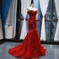 Red Off Shoulder Embroidery Appliques Lace Mermaid Formal Evening Dress,DP1480