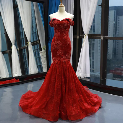 Red Off Shoulder Embroidery Appliques Lace Mermaid Formal Evening Dress,DP1480