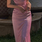 Pink V Neck Satin Long Prom Dress Wedding Guest Dress,DP1481