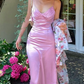 Pink V Neck Satin Long Prom Dress Wedding Guest Dress,DP1481