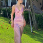 Pink V Neck Satin Long Prom Dress Wedding Guest Dress,DP1481