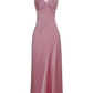 Pink V Neck Satin Long Prom Dress Wedding Guest Dress,DP1481