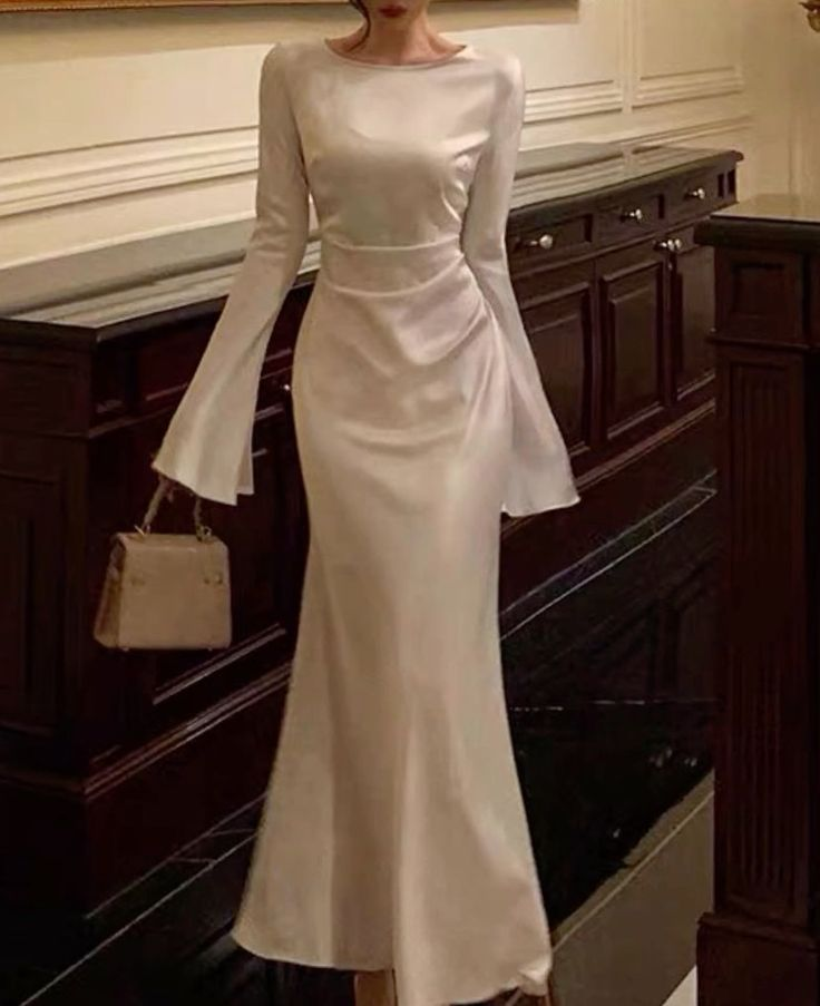 White Long Sleeves Long Prom Dress Elegant Party Dress,DP1483