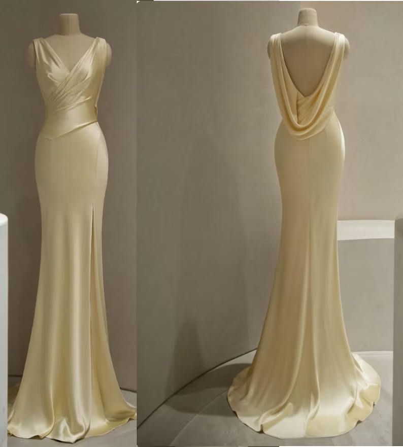 Pastel Yellow Satin Backless Mermaid Long Prom Dress,DP1484