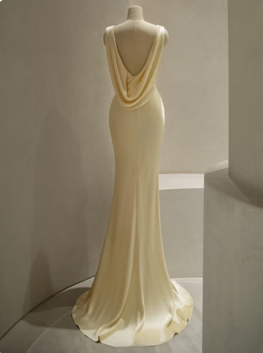 Pastel Yellow Satin Backless Mermaid Long Prom Dress,DP1484