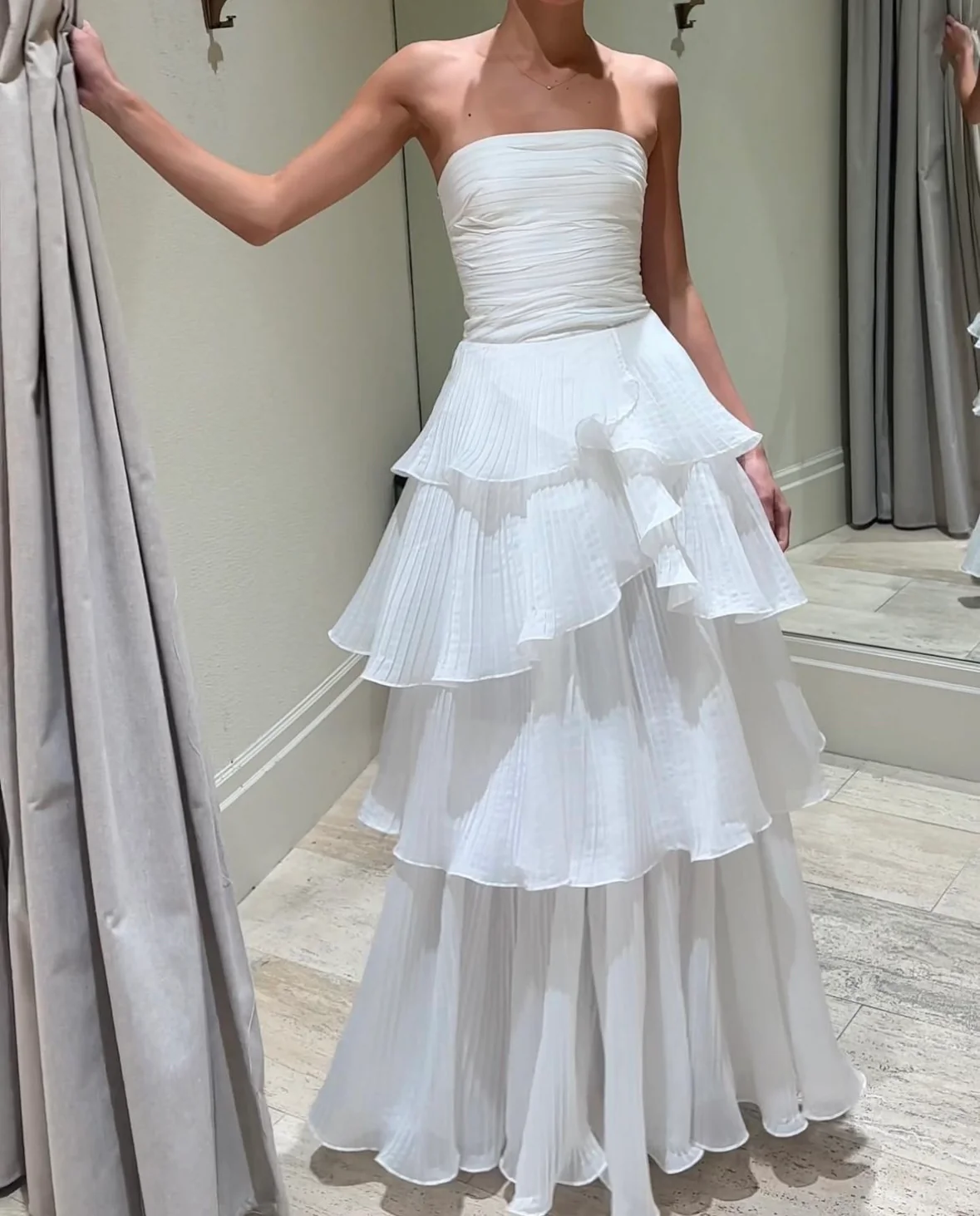 White Strapless A-Line Layers Long Prom Dress Light Wedding Dress,DP1497