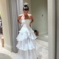 White Strapless A-Line Layers Long Prom Dress Light Wedding Dress,DP1497