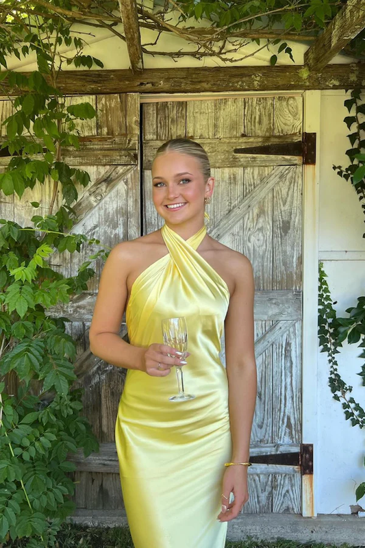 Yellow Halter Backless Long Prom Dress Wedding Guest Dress,DP1502