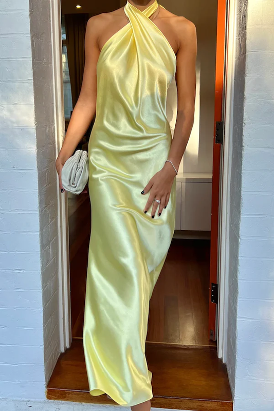 Yellow Halter Backless Long Prom Dress Wedding Guest Dress,DP1502