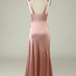 Pink V Neck Straps Satin Long Prom Dress Wedding Guest Dress,DP1504