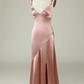 Pink V Neck Straps Satin Long Prom Dress Wedding Guest Dress,DP1504