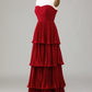 Red A-Line Strapless Tiered Long Prom Dress Elegant Party Dress,DP1517