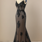 Black V Neck Appliques Beading Mermaid Formal Prom Dress,DP1520