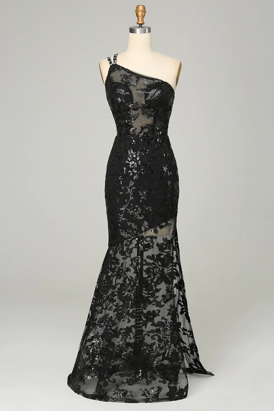 Black One Shoulder Backless Sequins Lace Long Prom Dress,DP1521