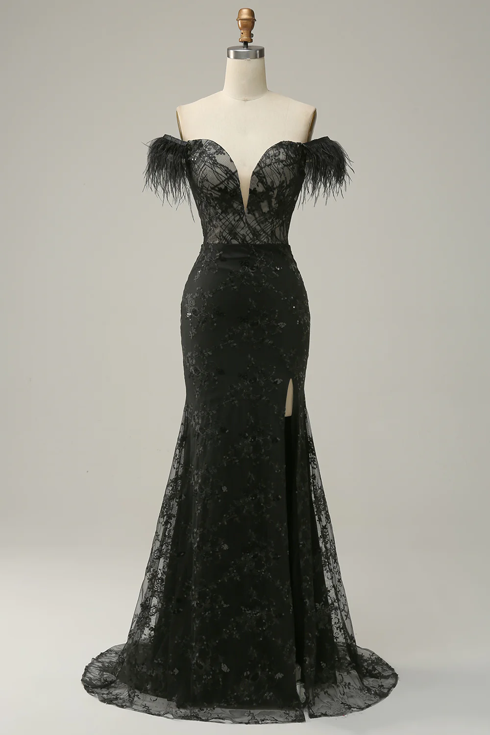 Black Off-The-Shoulder Mermaid Long Prom Dress with Feather,DP1522