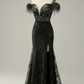 Black Off-The-Shoulder Mermaid Long Prom Dress with Feather,DP1522