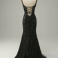 Black Spaghetti Straps Mermaid Sequins Long Prom Dress with Slit,DP1523