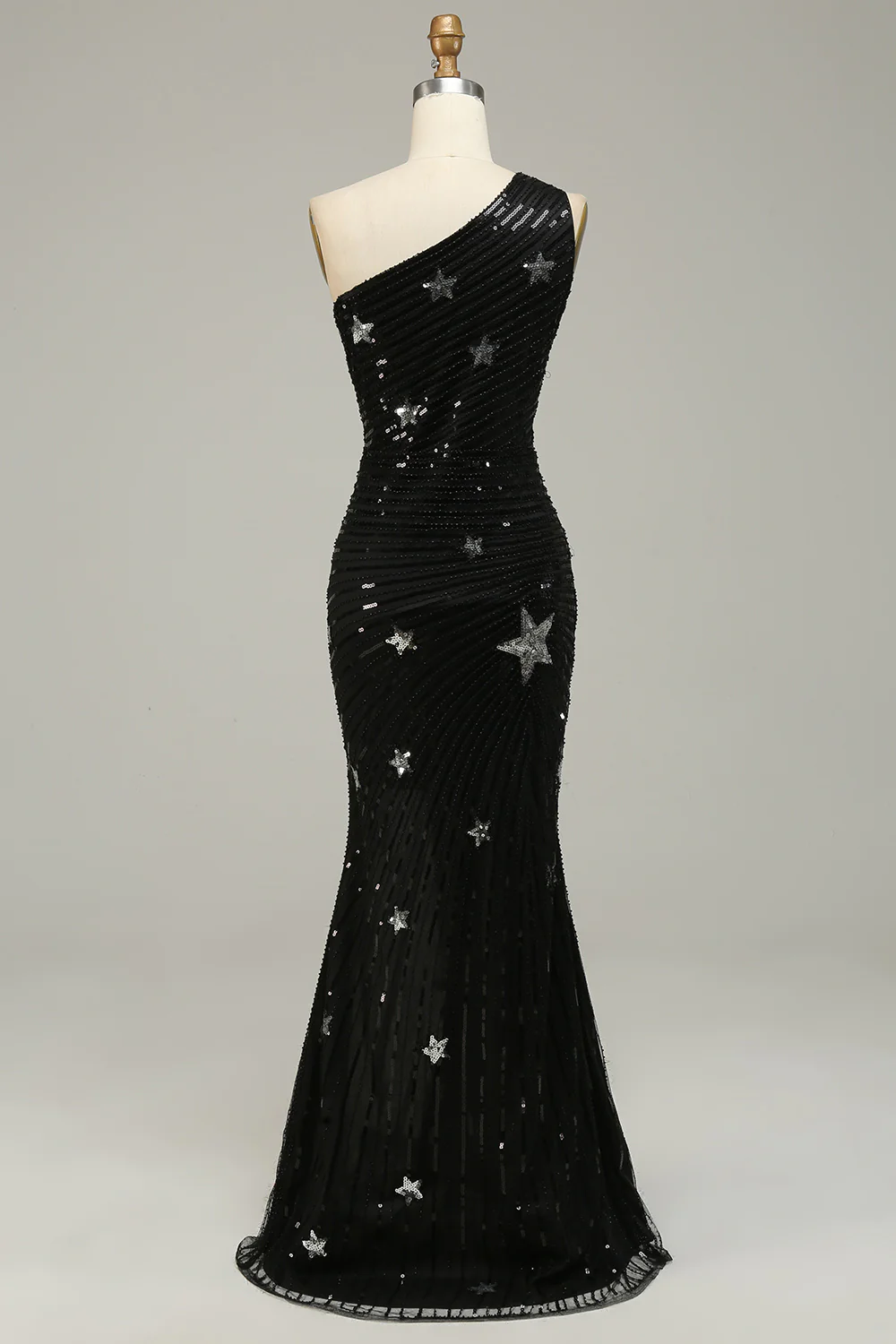 Black One Shoulder Star Sequins Mermaid Long Prom Dress,DP1524