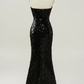 Black Strapless Sequined Mermaid Long Prom Dress with Slit,DP1525