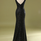 Black V Neck Sequins Mermaid Long Party Dress,DP1527