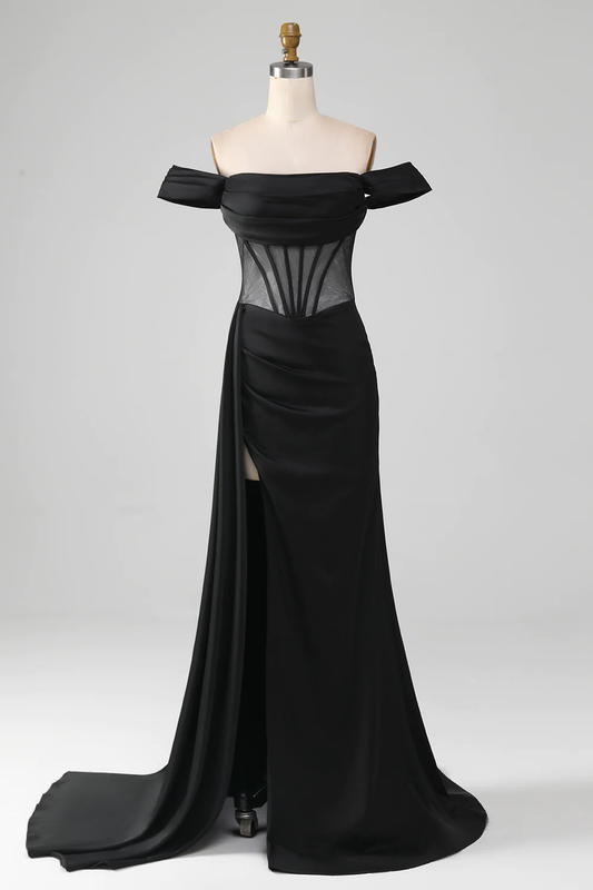 Black Off-The-Shoulder Satin Corset Mermaid Long Prom Dress with Slit,DP1528