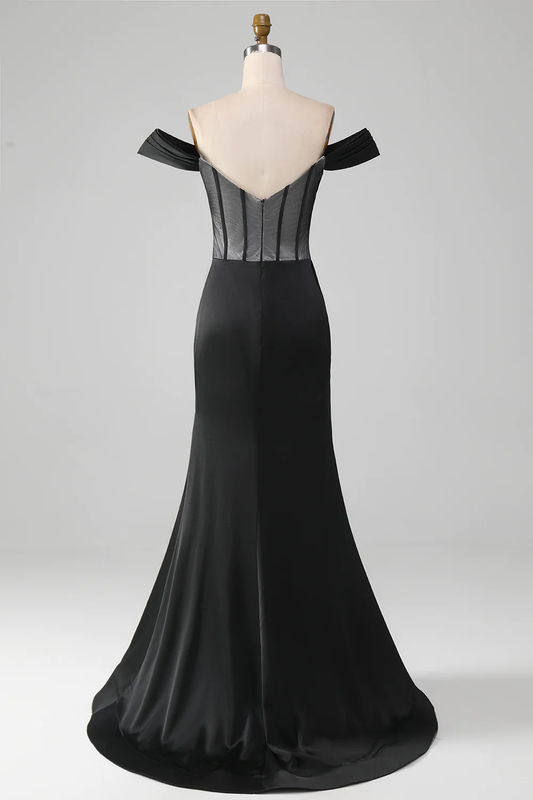 Black Off-The-Shoulder Satin Corset Mermaid Long Prom Dress with Slit,DP1528