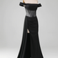 Black Off-The-Shoulder Satin Corset Mermaid Long Prom Dress with Slit,DP1528