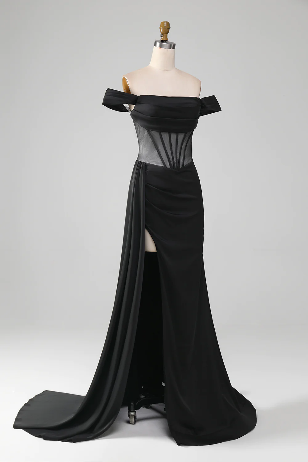 Black Off-The-Shoulder Satin Corset Mermaid Long Prom Dress with Slit,DP1528