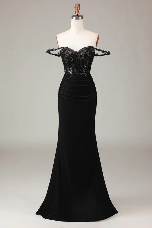 Black Sparkly Off Shoulder Sequined Mermaid Long Prom Dress,DP1531