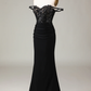 Black Sparkly Off Shoulder Sequined Mermaid Long Prom Dress,DP1531