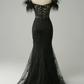 Black Off Shoulder Mermaid Long Prom Dress with Feathers,DP1532