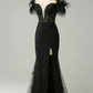 Black Off Shoulder Mermaid Long Prom Dress with Feathers,DP1532