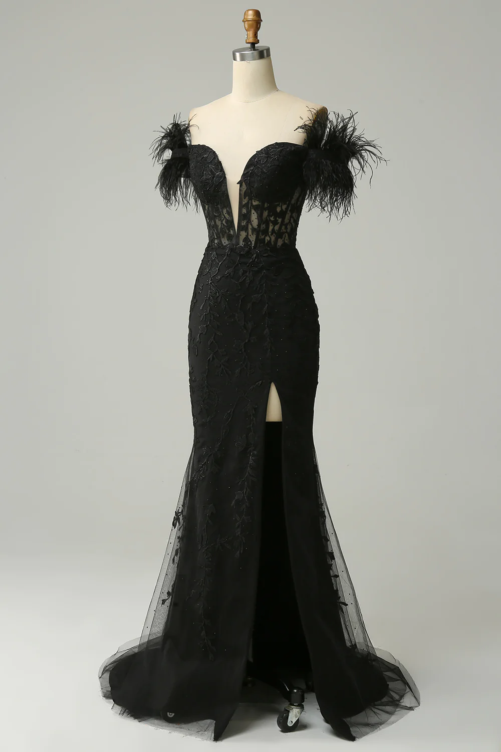 Black Off Shoulder Mermaid Long Prom Dress with Feathers,DP1532