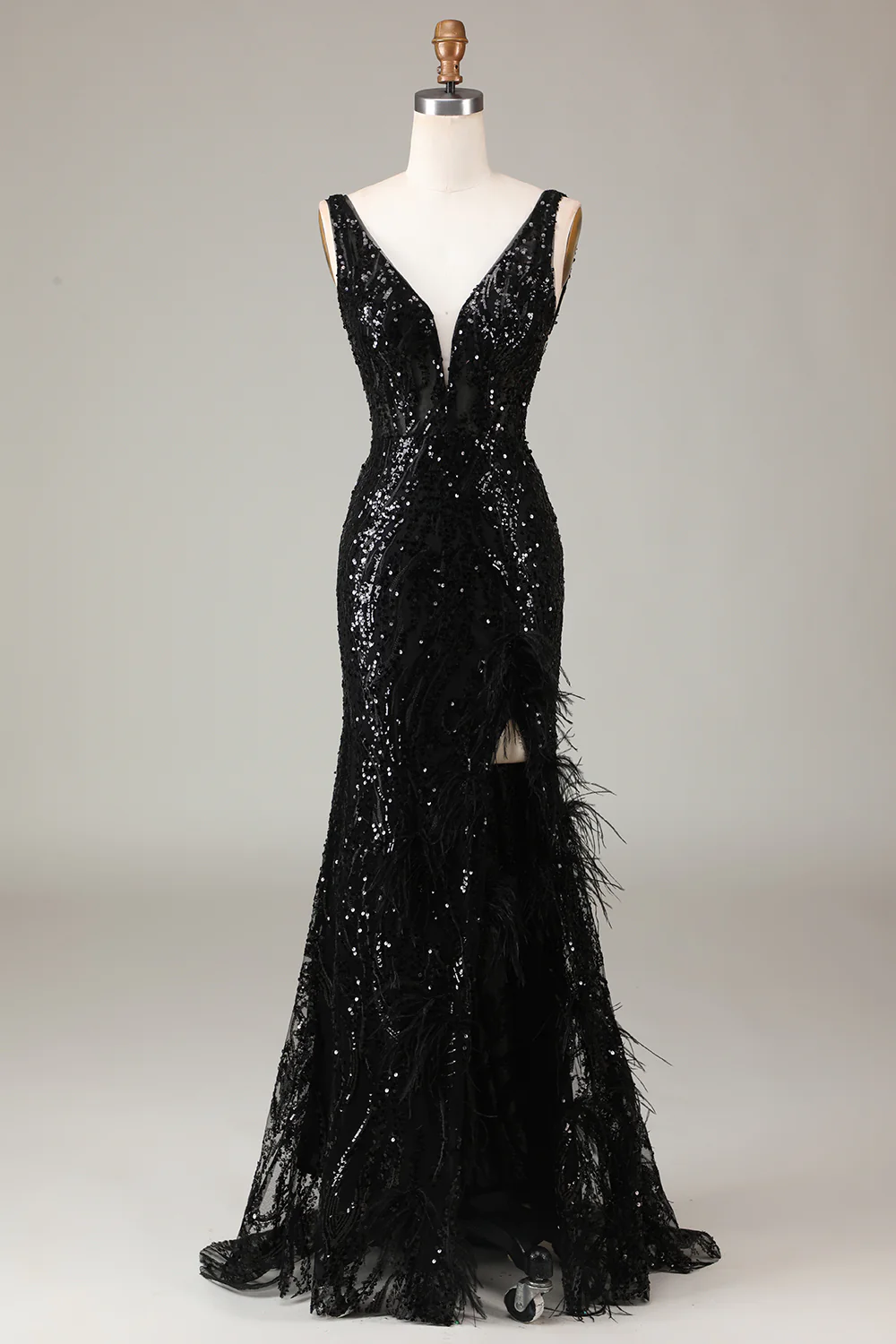 Black Deep V-neck Sequin Lace Mermaid Long Prom Dress with Feathers,DP1533