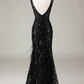 Black Deep V-neck Sequin Lace Mermaid Long Prom Dress with Feathers,DP1533