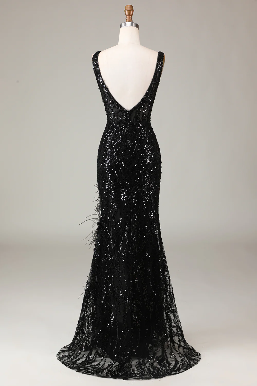 Black Deep V-neck Sequin Lace Mermaid Long Prom Dress with Feathers,DP1533