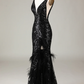 Black Deep V-neck Sequin Lace Mermaid Long Prom Dress with Feathers,DP1533