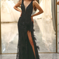 Black Deep V-neck Sequin Lace Mermaid Long Prom Dress with Feathers,DP1533