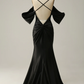 Black Off Shoulder Open Back Satin Mermaid Long Prom Dress,DP1534