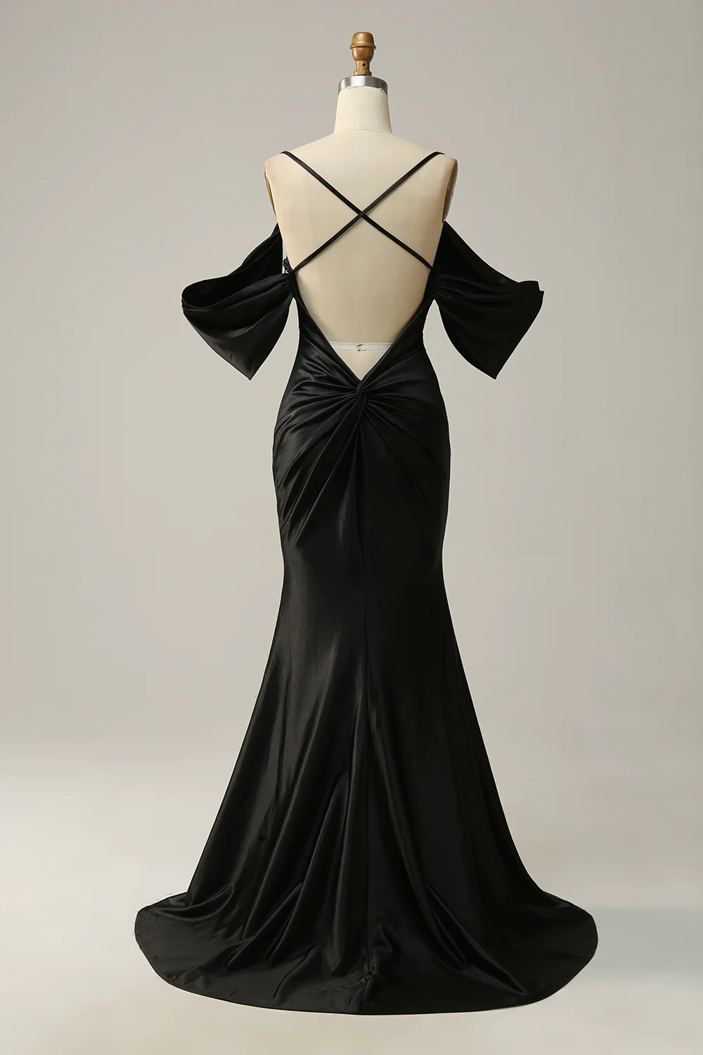 Black Off Shoulder Open Back Satin Mermaid Long Prom Dress,DP1534