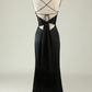 Black Spaghetti Straps Satin Long Prom Dress with Fringes,DP1535