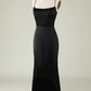 Black Spaghetti Straps Satin Long Prom Dress with Fringes,DP1535