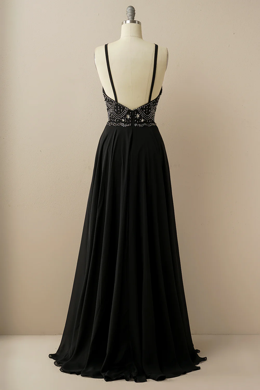 Black A-Line Halter Beaded Backless Long Prom Dress,DP1536