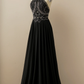 Black A-Line Halter Beaded Backless Long Prom Dress,DP1536